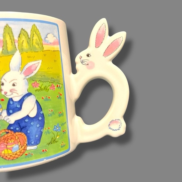 Vintage Easter Mug Coffee Tea Bunny Handle Two Rabbits Eggs Made in Japan White - Picture 2 of 7